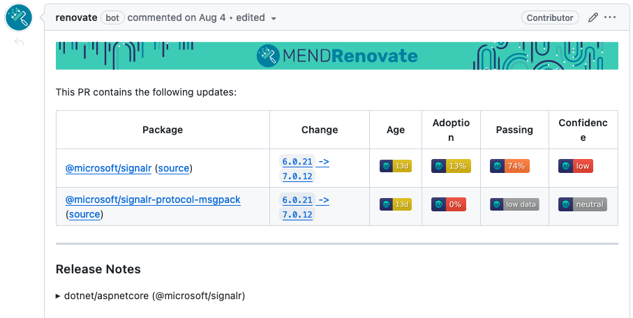 Screenshot of a  Renovate PR